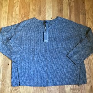 Eileen Fisher Gray V-Neck Box Top in Cozy Melange Wool Rib Knit, XL, NWT